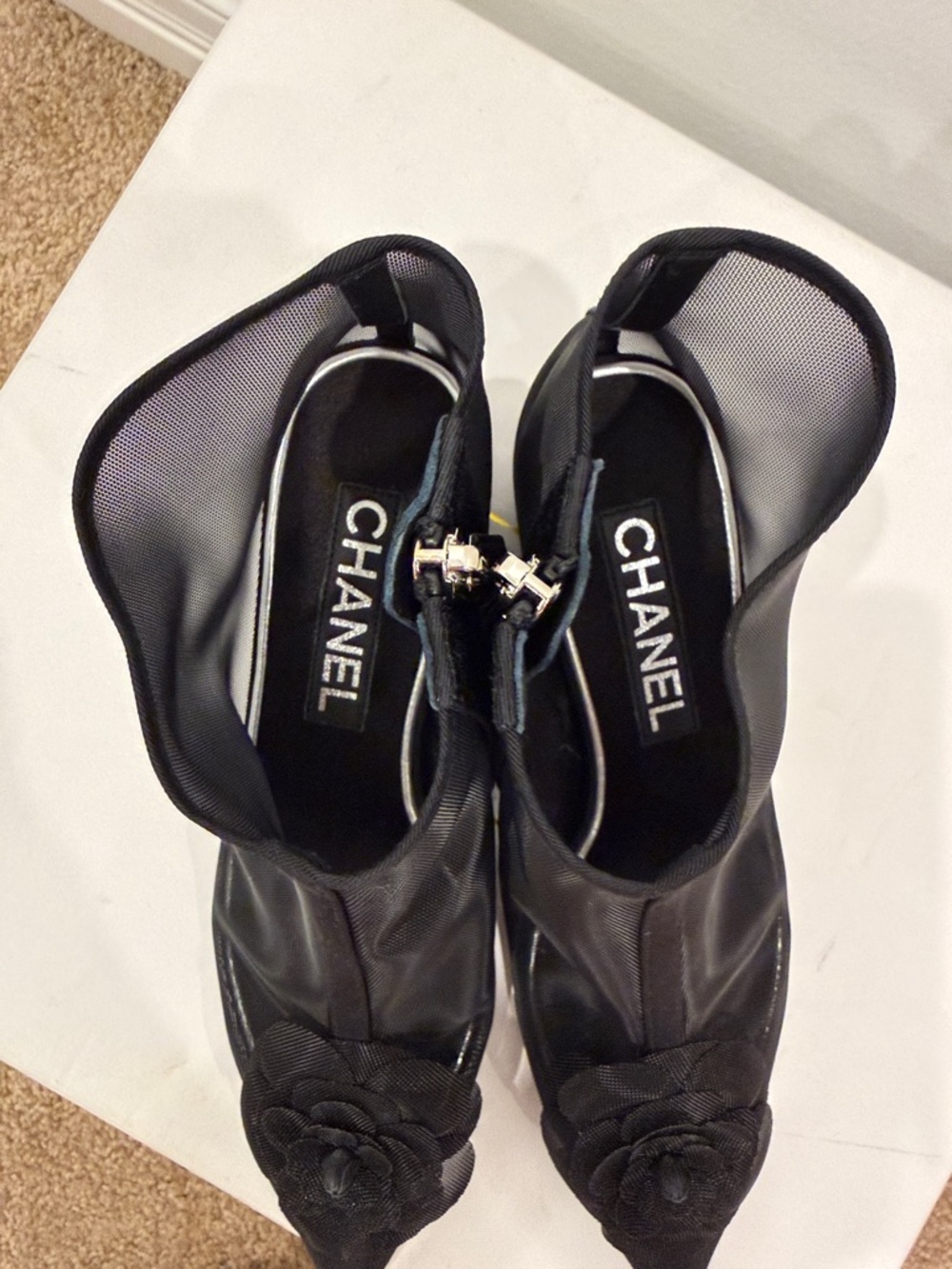 Chanel Camellia Mesh Ankle Boots 37.5 | Sheer Black Iconic CC Heels Runway NWT - Picture 5 of 13